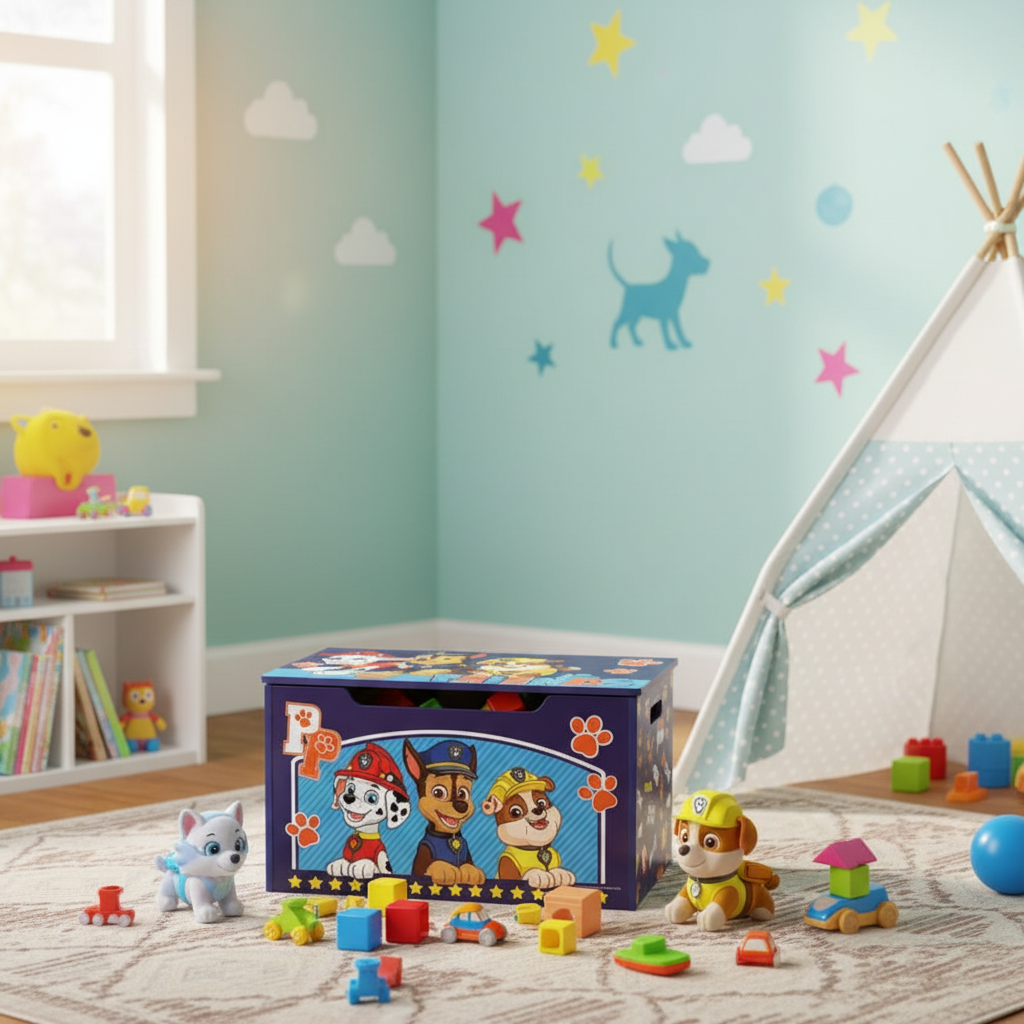 Contenitore Paw Patrol in angolo giochi con libreria e tenda - lifestyle HD