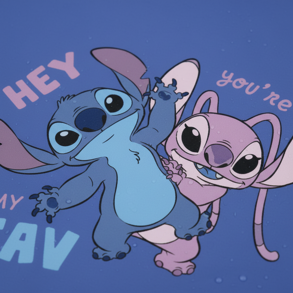 Zoom stampa personaggi Stitch e Angel su mantellina qualità grafica HD