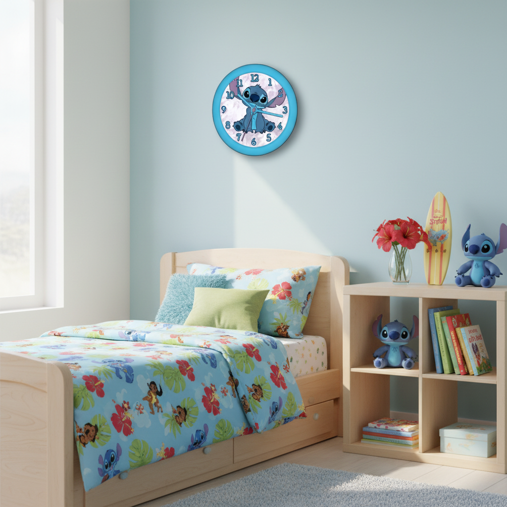 Orologio Stitch in cameretta con letto e scaffali