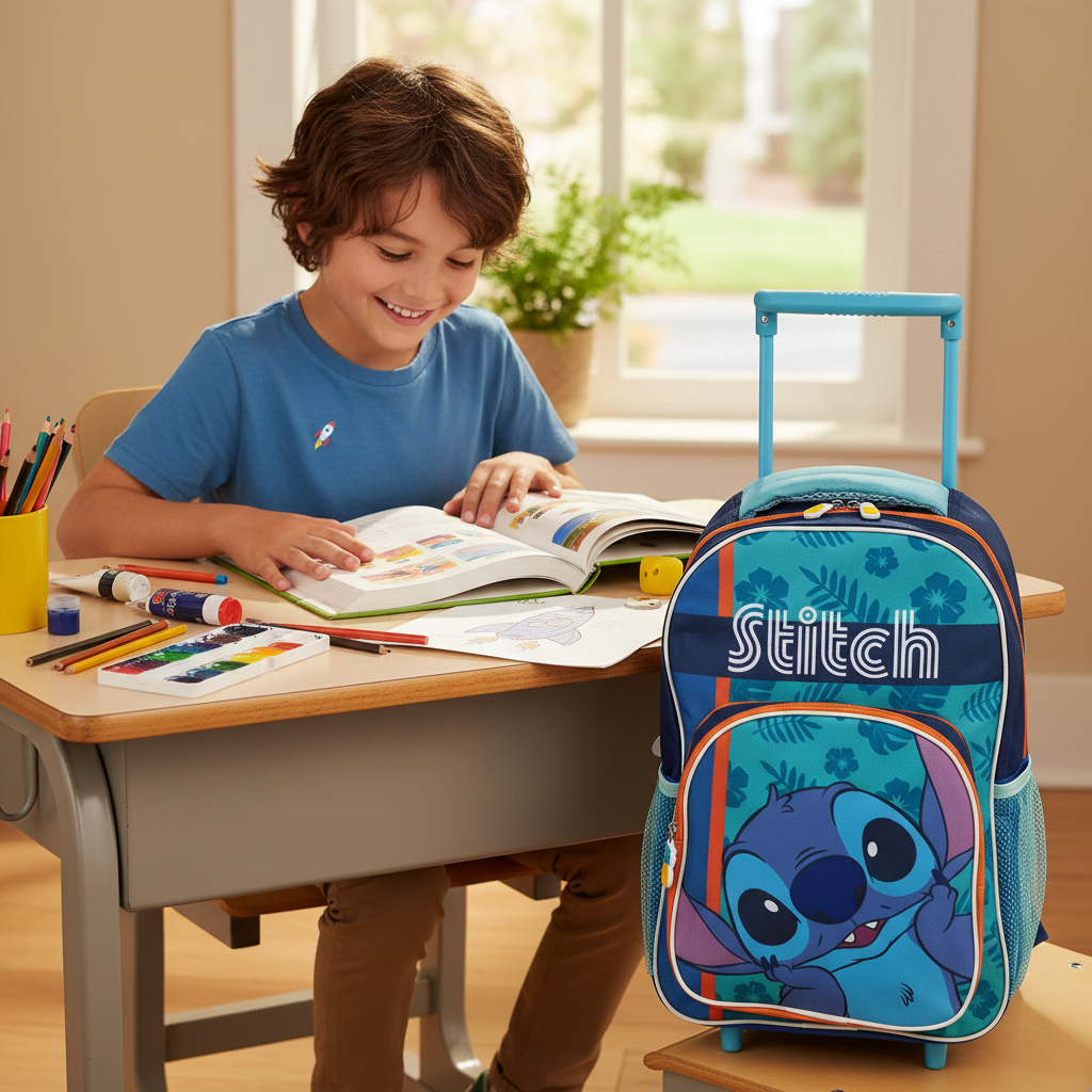 Trolley Stitch Lilo & Stitch accanto a scrivania bambino con libri