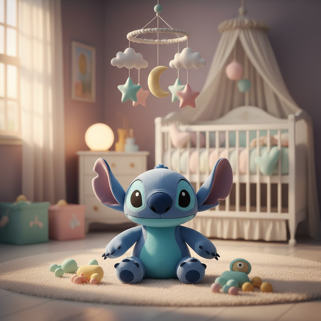 Peluche Stitch in nursery con decorazioni pastello