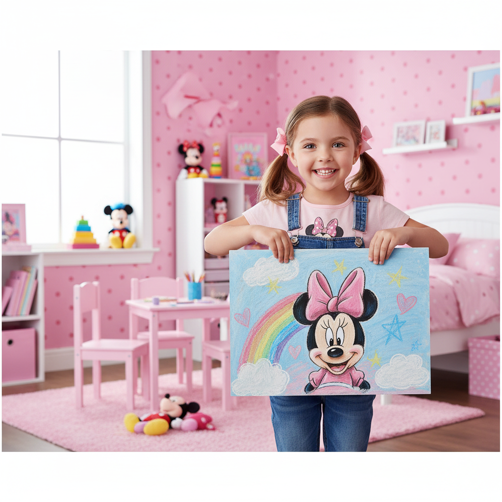 Bambina mostra orgogliosa disegno sulla lavagna Minnie Mouse
