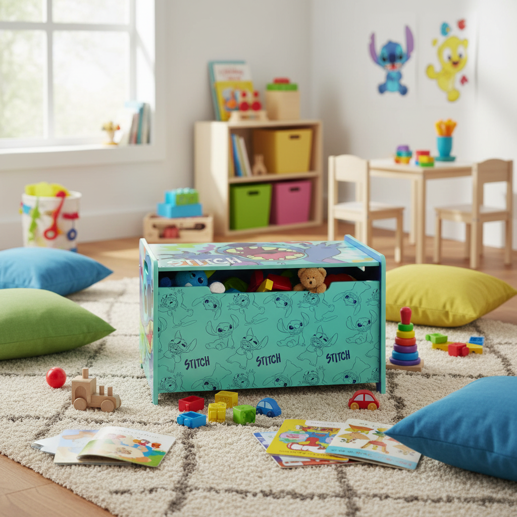 Toybox Lilo & Stitch in area gioco con giocattoli colorati e tappeti morbidi