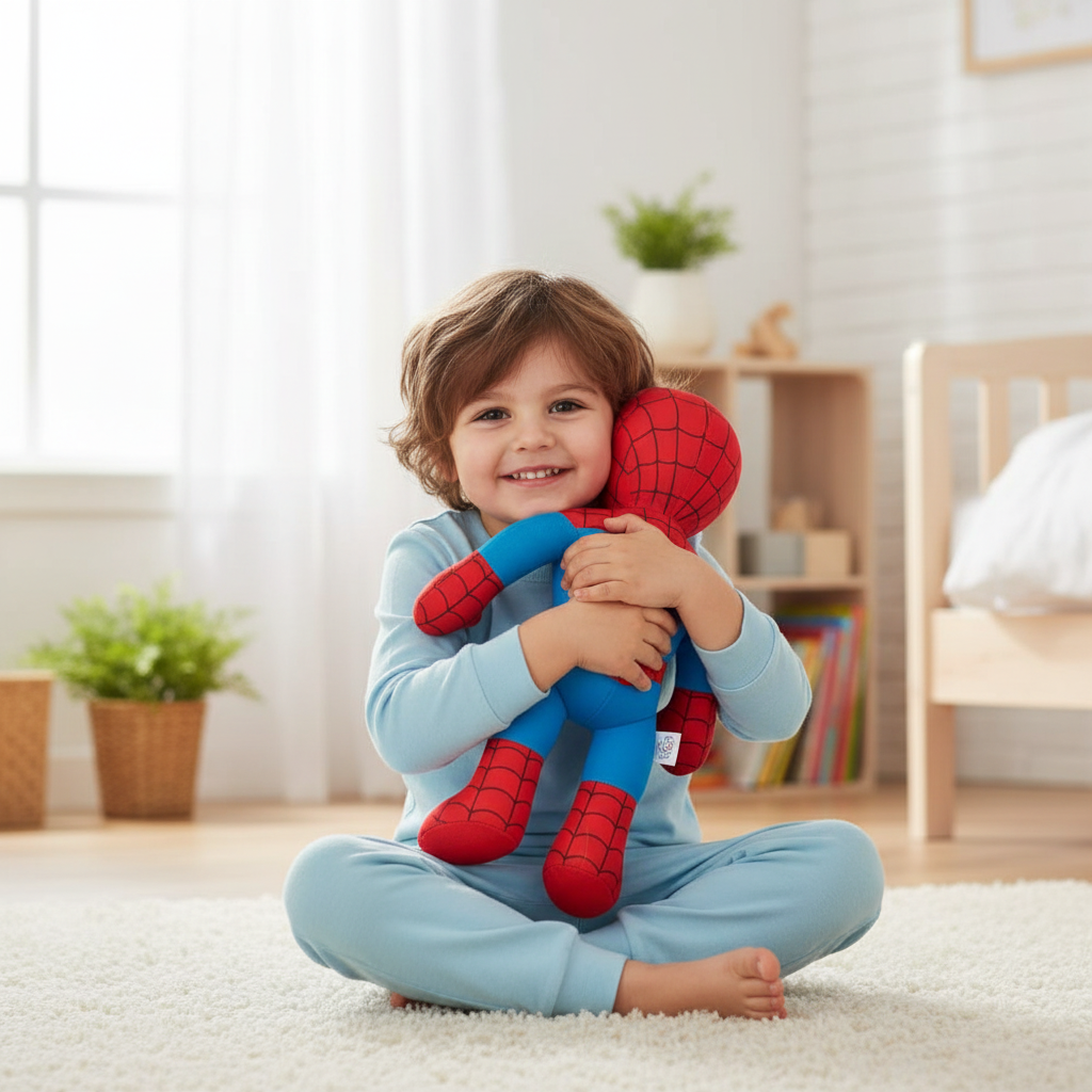 Bambino felice abbraccia peluche Spiderman 38cm