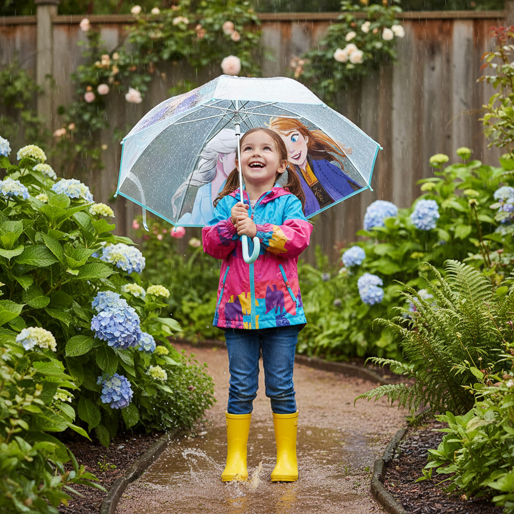 Bambina con ombrello Frozen trasparente gioca in giardino sotto la pioggia