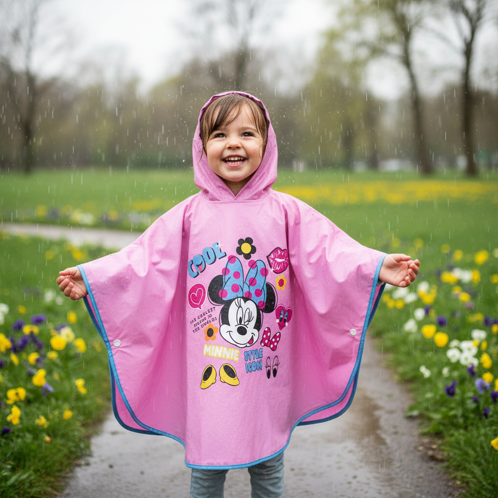 Bambina felice indossa impermeabile rosa Minnie Mouse giocando sotto la pioggia