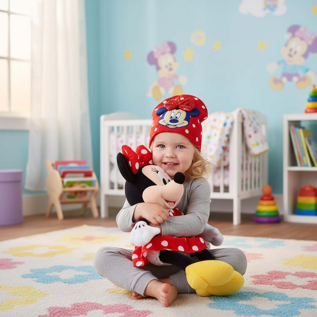 Bambina con cappello Minnie rosso abbraccia peluche Minnie
