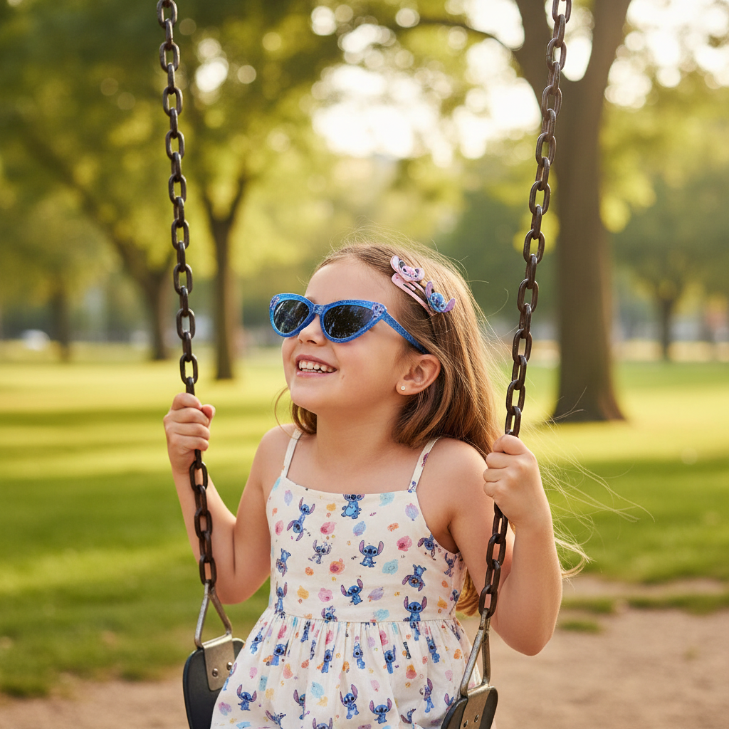 Bambina al parco giochi con occhiali Stitch