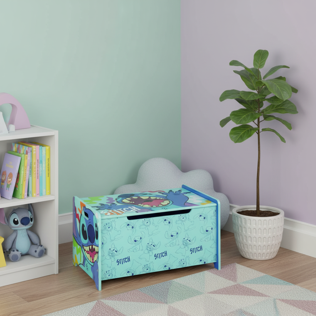 Portagiochi Disney Stitch chiuso come elemento decorativo in cameretta moderna