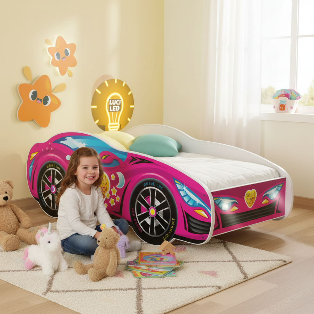 Bambina felice che gioca accanto al letto macchina Sweet Car