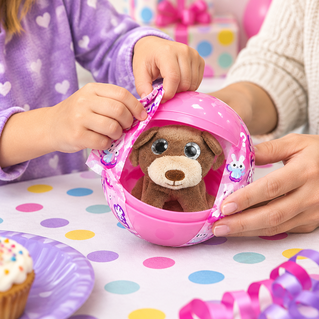 Bambino e adulto che aprono la pallina sorpresa rosa con peluche a una festa