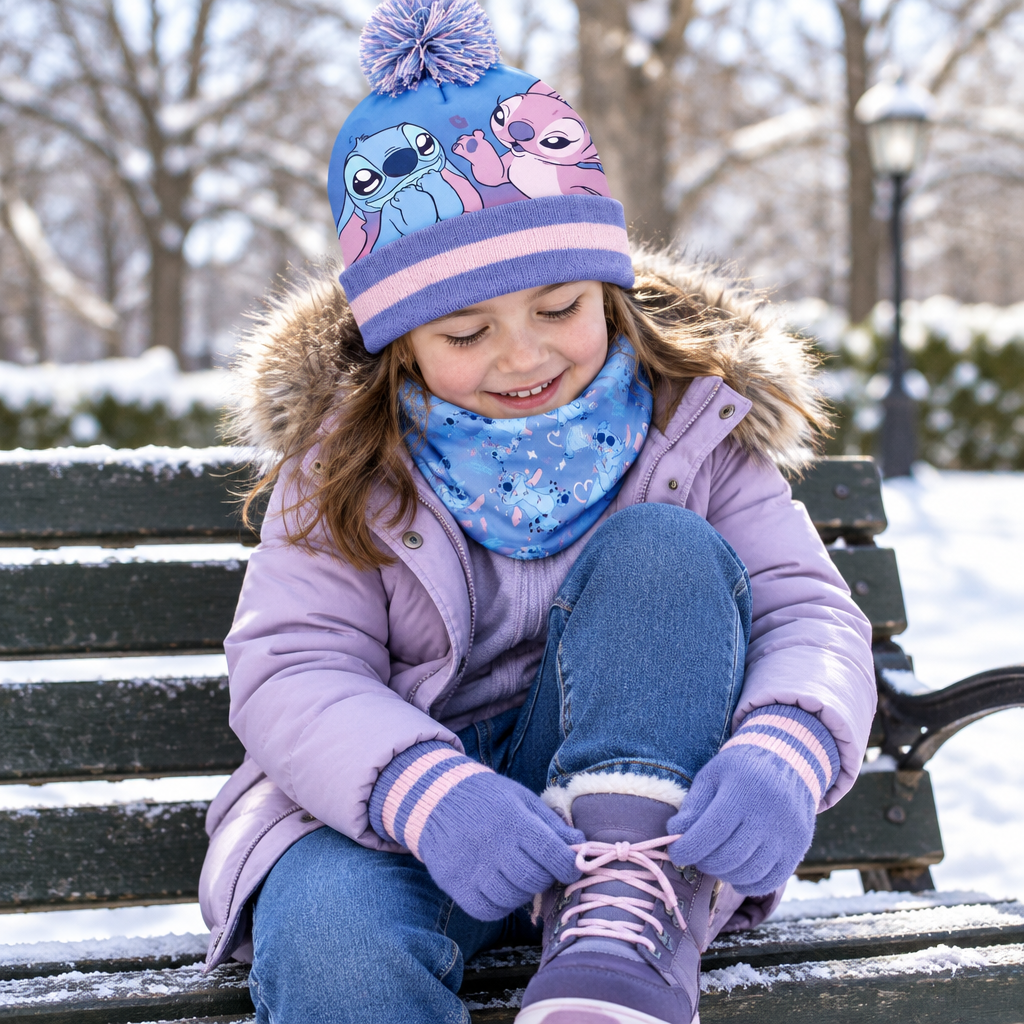 Bambino indossa il cappello Stitch con pompon e lo scaldacollo coordinato, guanti viola visibili.