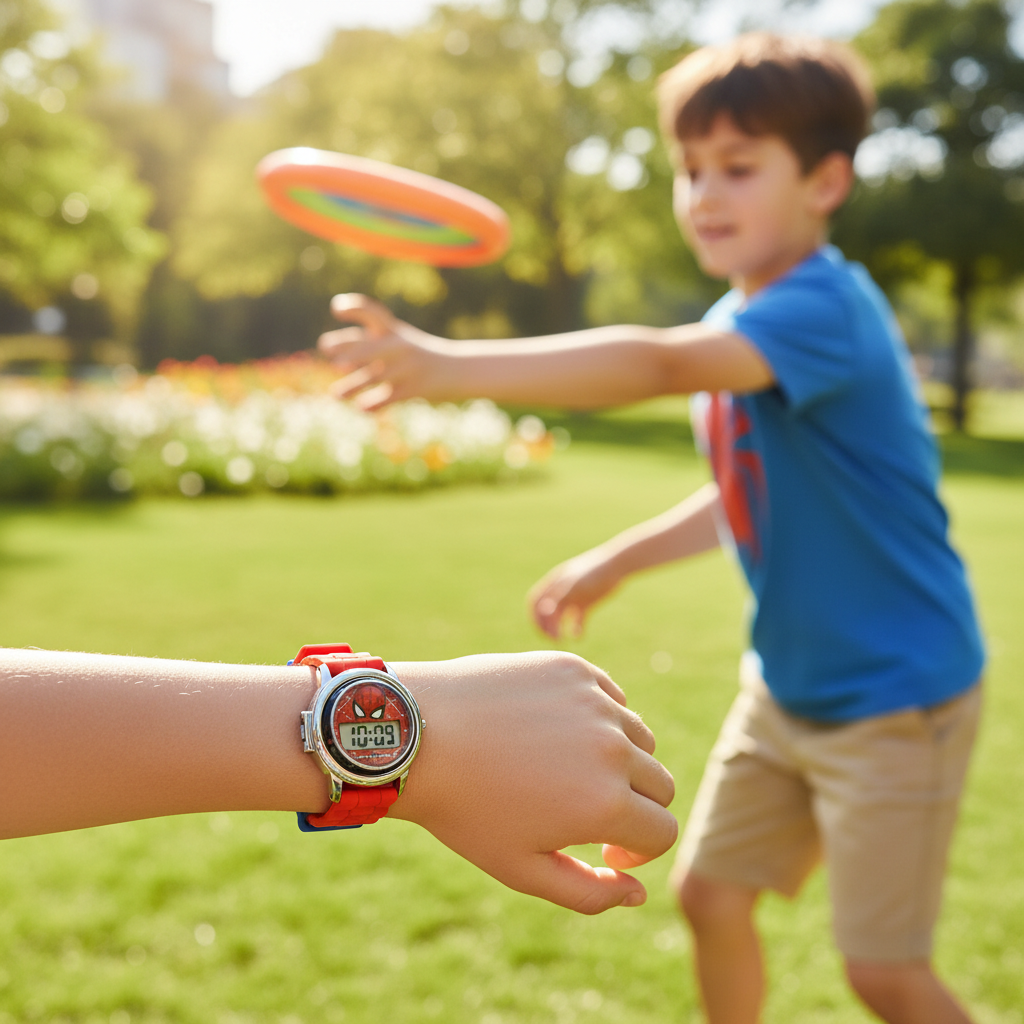 Bambino indossa orologio digitale Spiderman con spinner