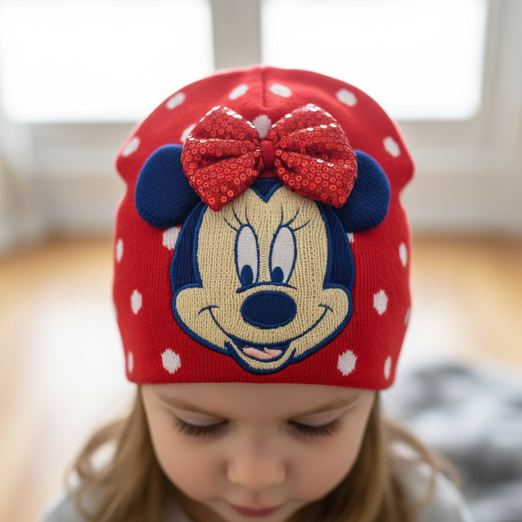 Dettaglio cappello Minnie rosso con pois bianchi e fiocco paillettes rosso