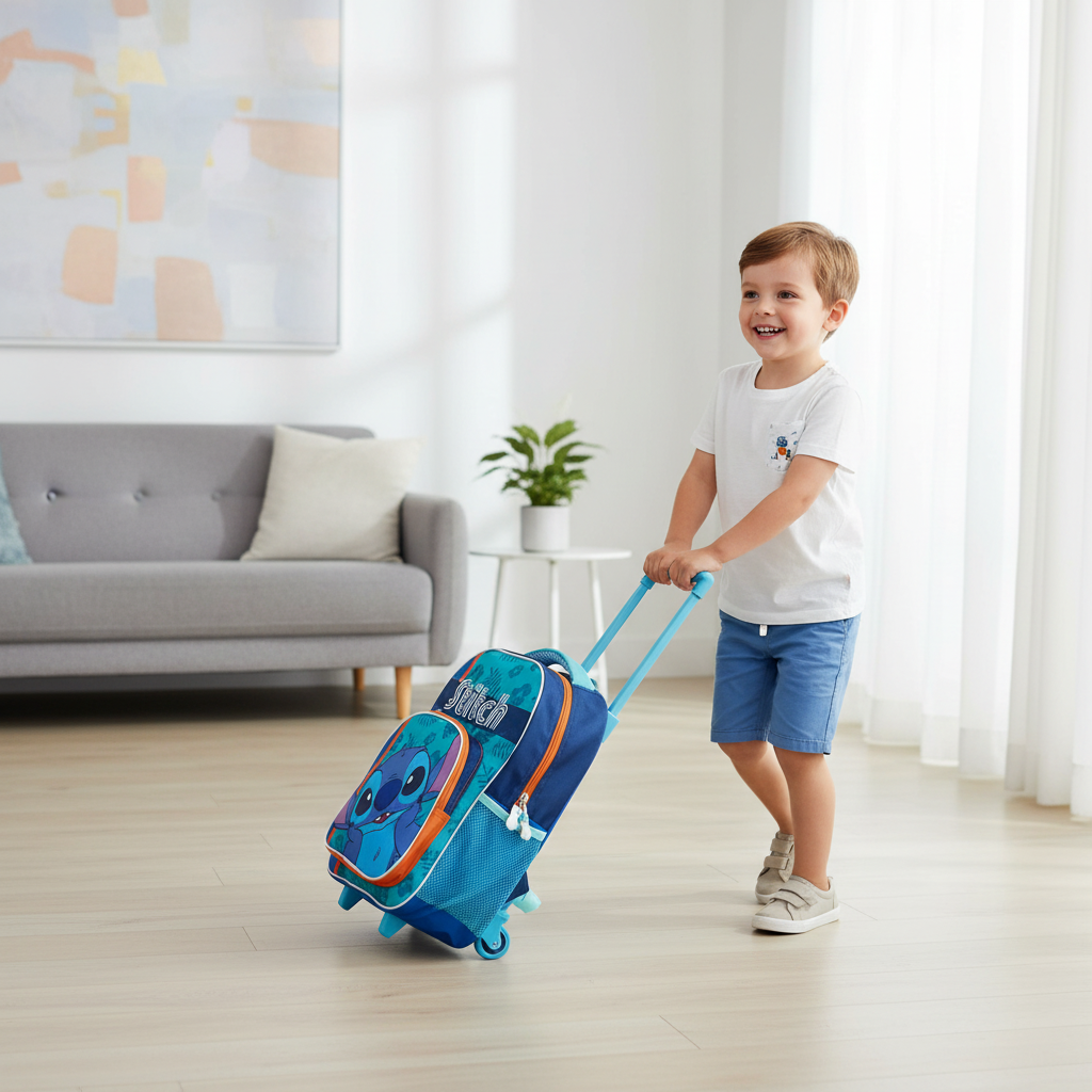 Bambino felice con trolley asilo Lilo & Stitch in casa moderna