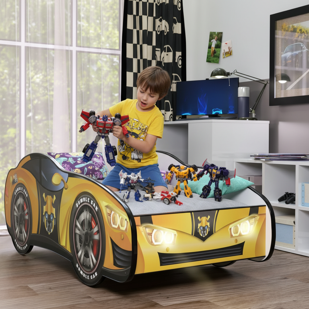 Bambino gioca robot Transformer letto giallo LED immaginazione