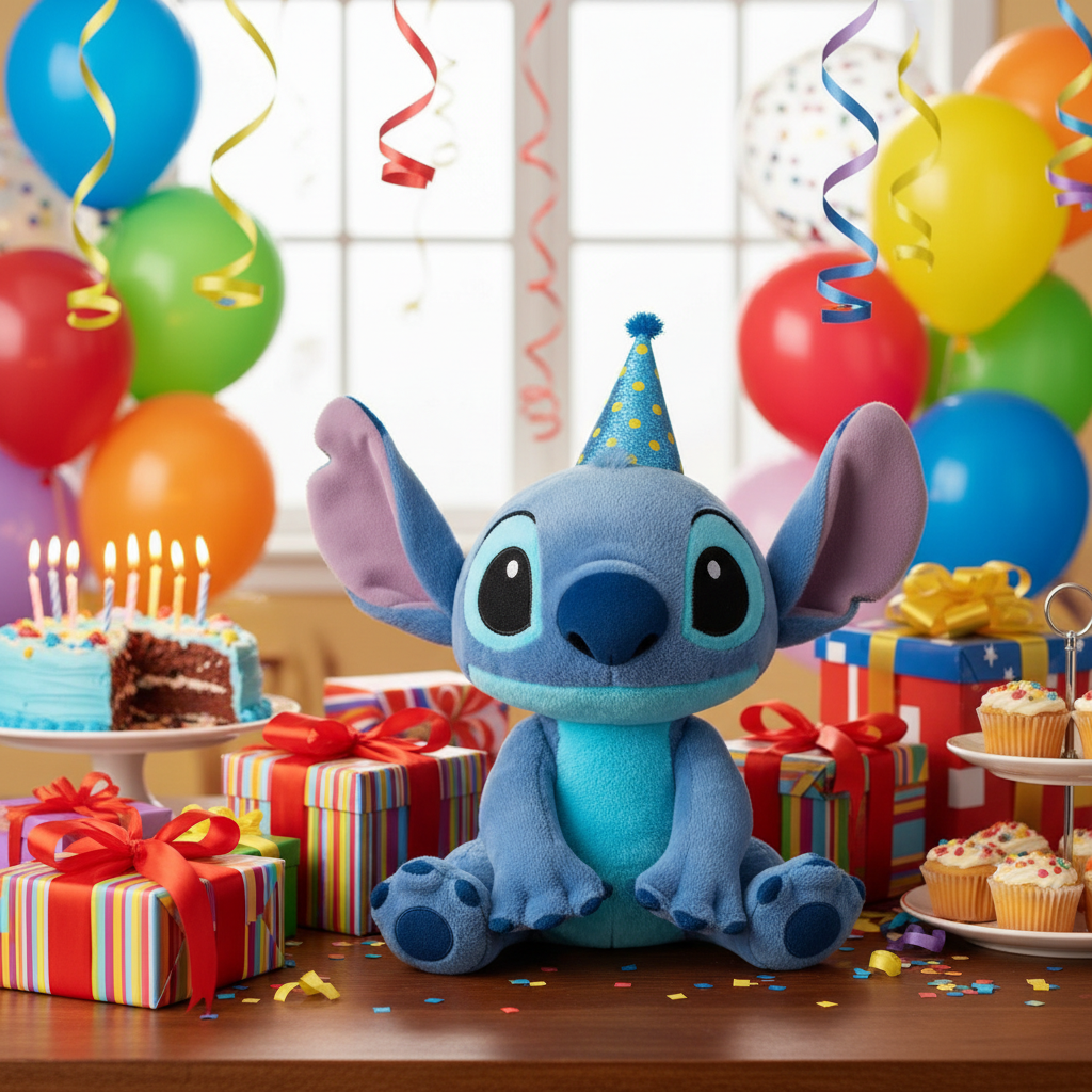 Peluche Stitch in festa di compleanno con palloncini e regali