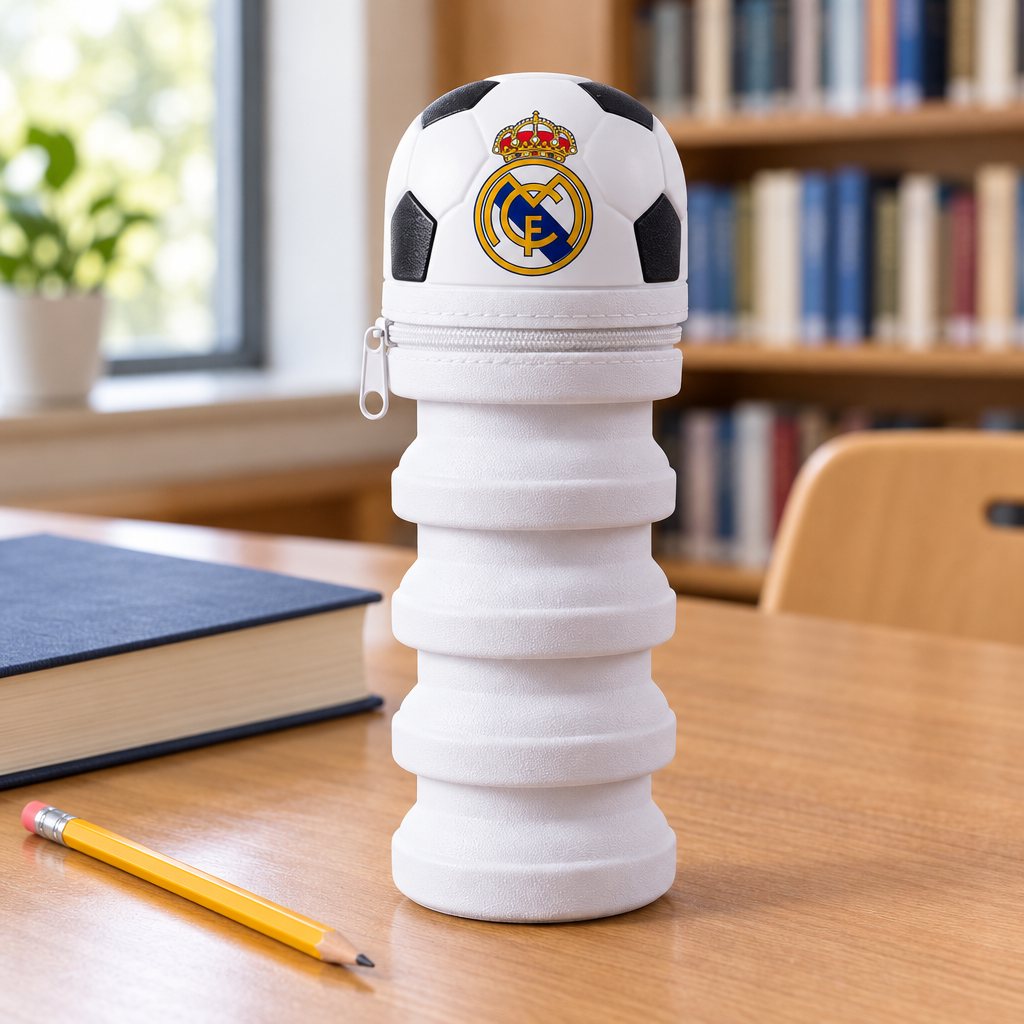 Astuccio bianco Real Madrid su un tavolo di studio con libro e matita