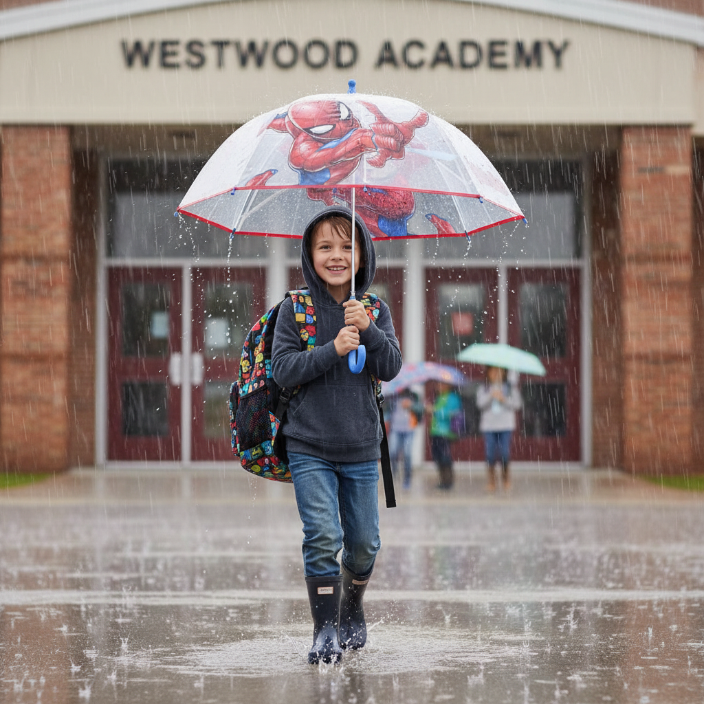 Bambino con ombrello Spiderman trasparente all'uscita da scuola