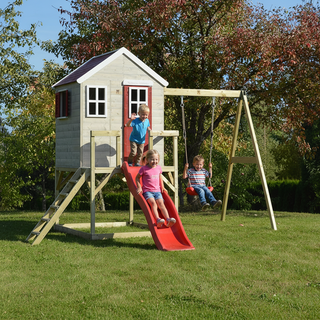 Bambini che giocano sulla casetta in legno M24 con altalena e scivolo in giardino