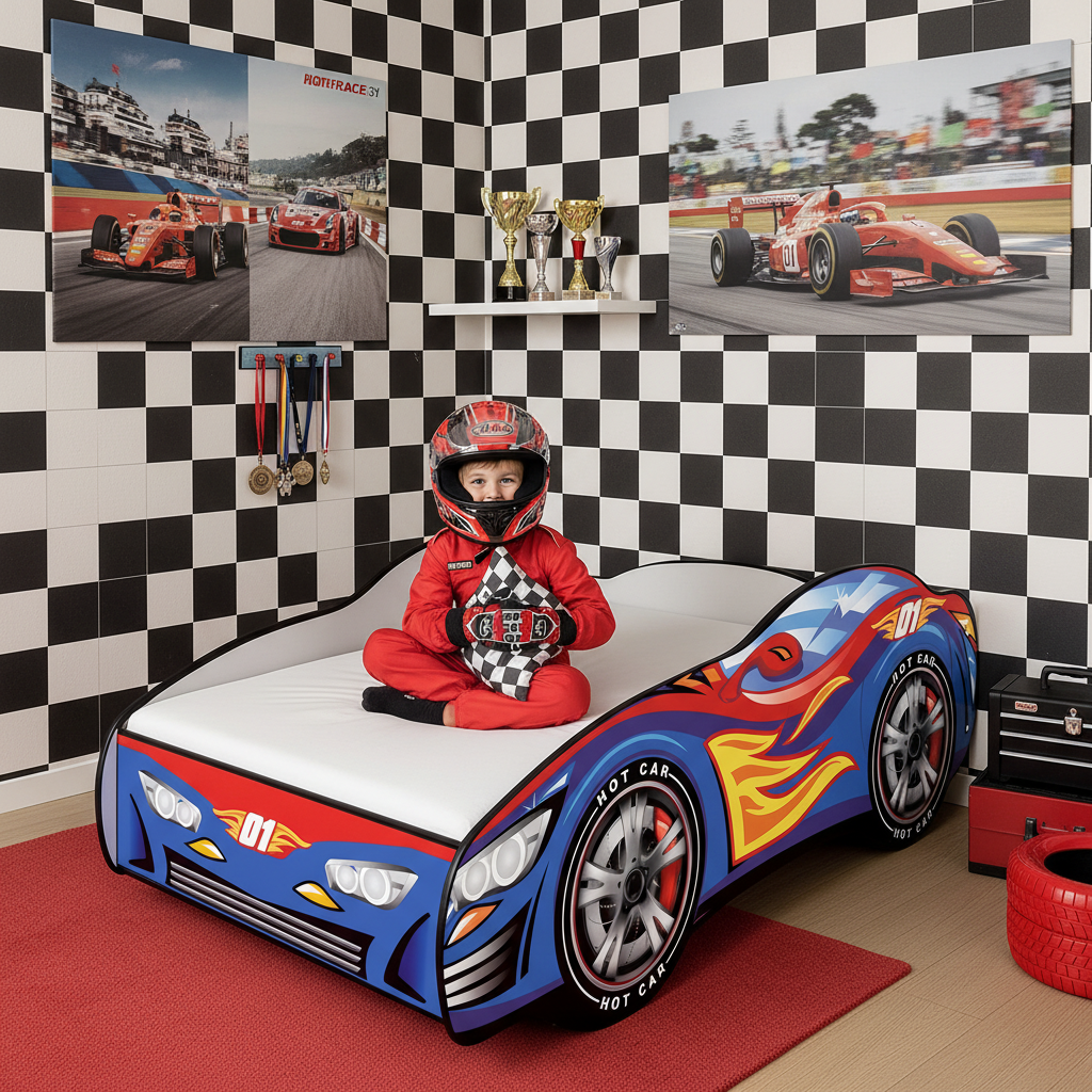 Letto Hotrace 01 cameretta racing bandiere scacchi trofei poster FOTOREALISTICO