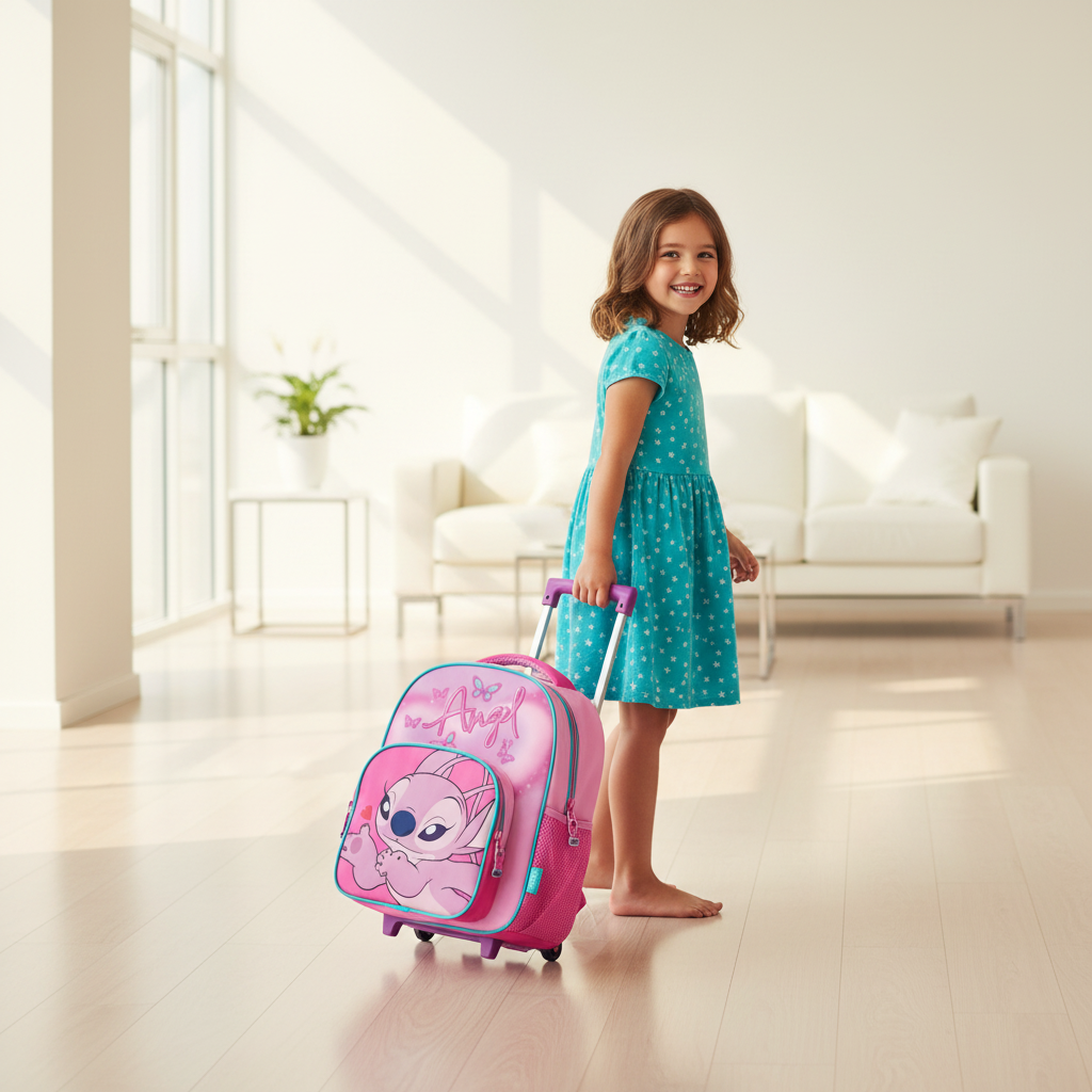 Bambina felice con trolley asilo Lilo & Stitch Angel in casa moderna