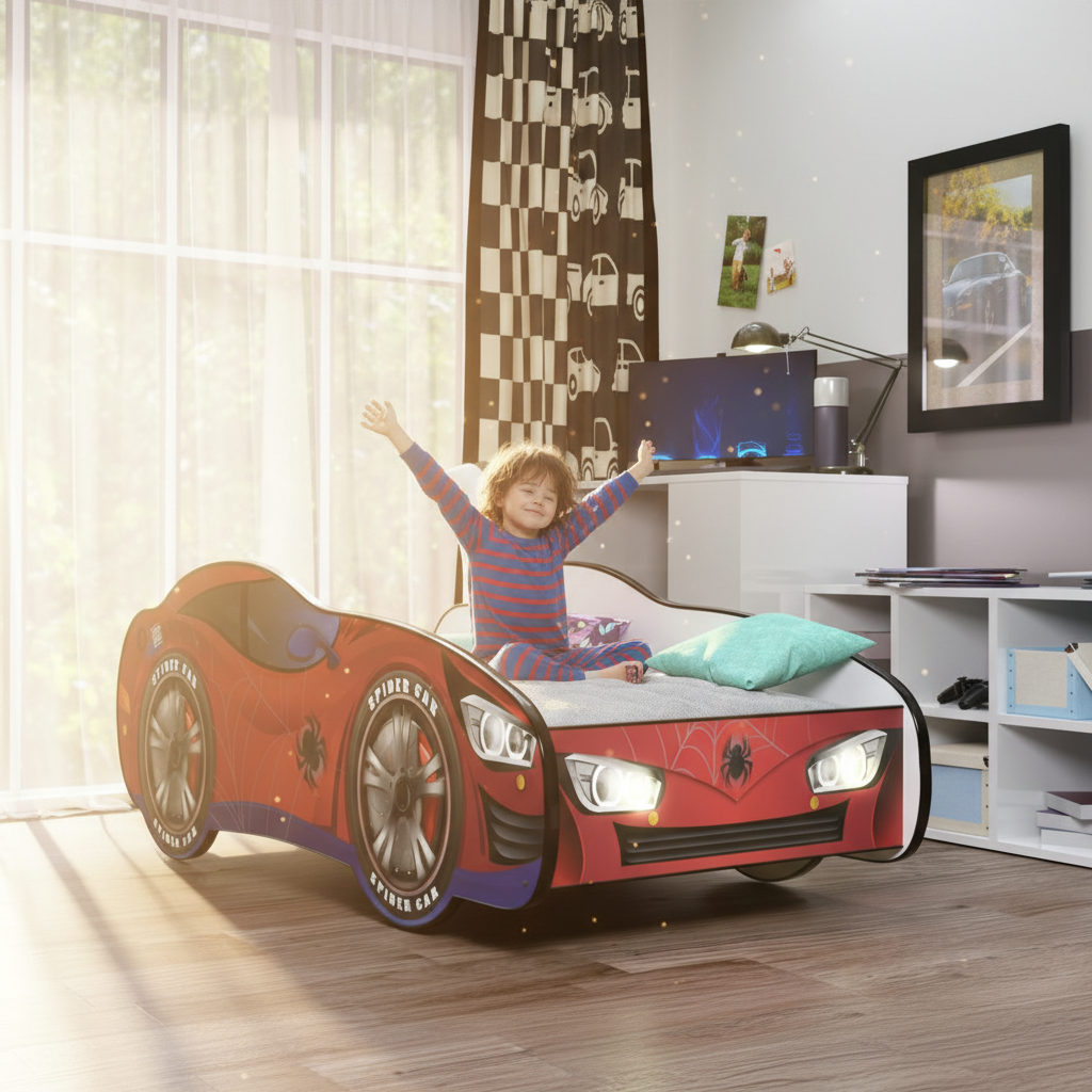 Bambino sveglia mattino letto Spider-Man sole finestra giornata