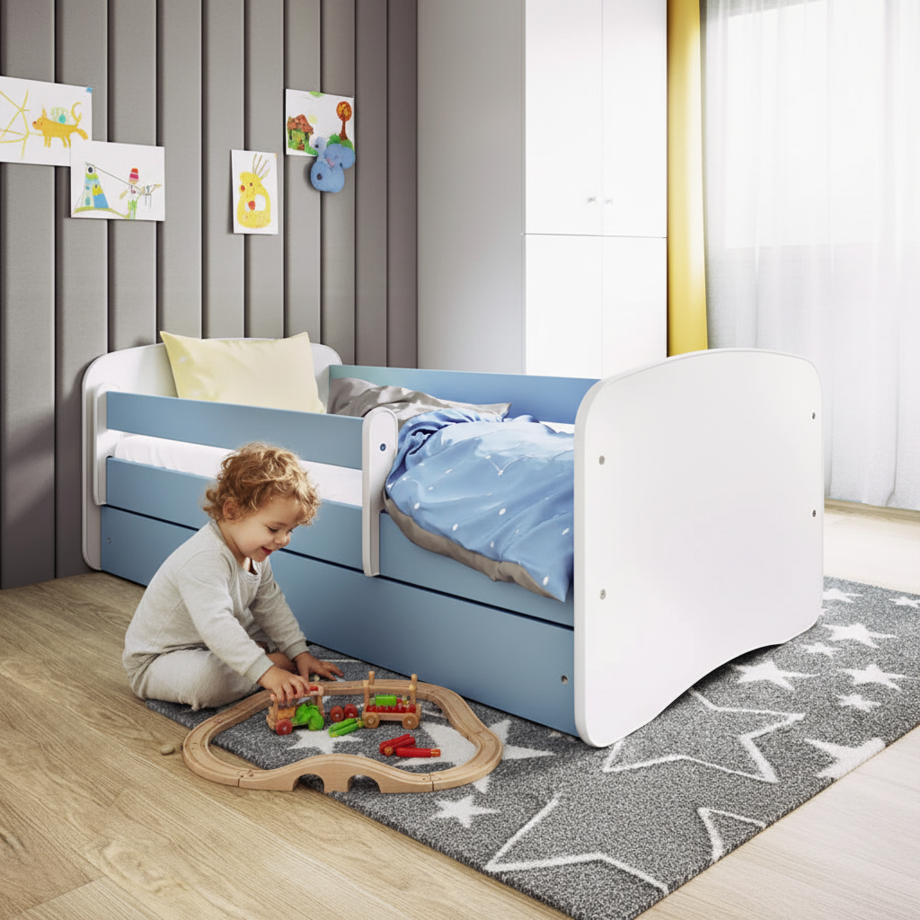 Letto bambino sicuro con sponda regolabile in cameretta accogliente
