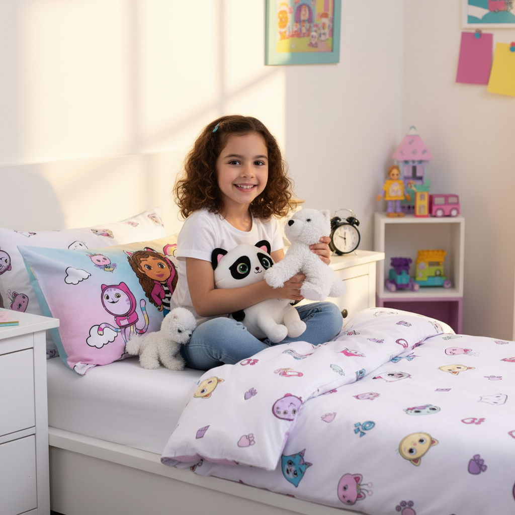 Bambina gioca con peluche gattini sul letto Gabby's Dollhouse