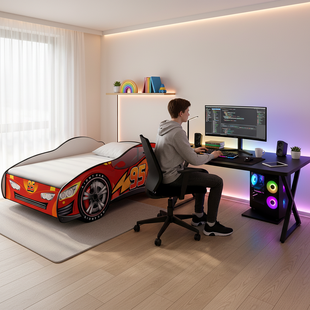 Letto Cars 95 cameretta gaming LED RGB monitor tecnologico FULL HD