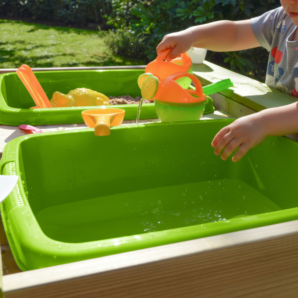 Bambina che gioca con sabbia e acqua al tavolo da gioco