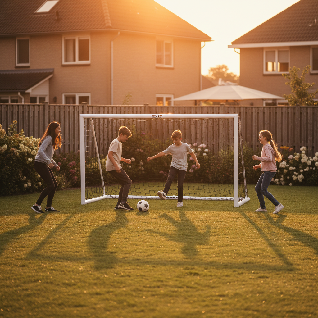 Adolescenti che giocano a calcio con porta EXIT Scala al tramonto