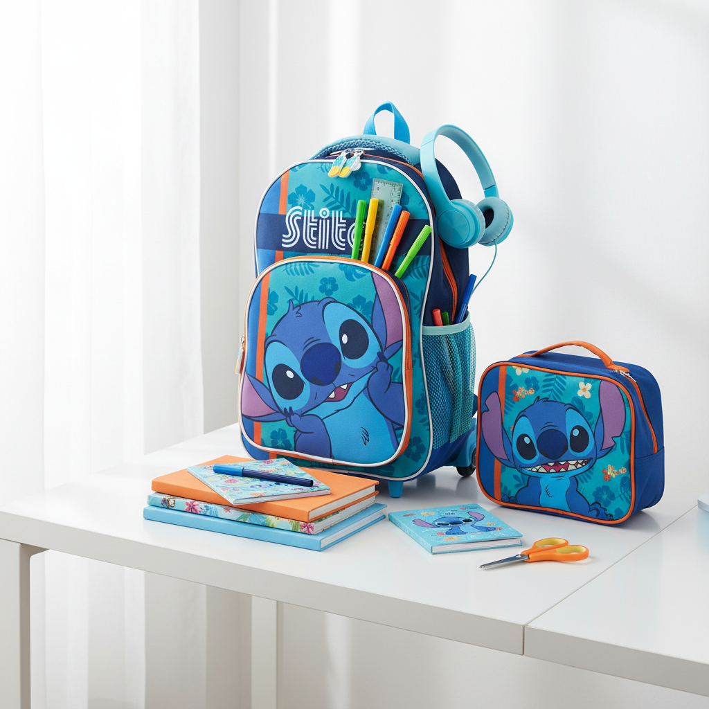 Trolley Stitch Lilo & Stitch con materiale scolastico su scrivania