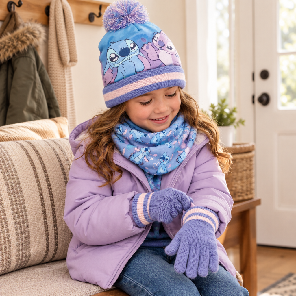 Bambino indossa gli accessori invernali Stitch e si prepara a uscire.