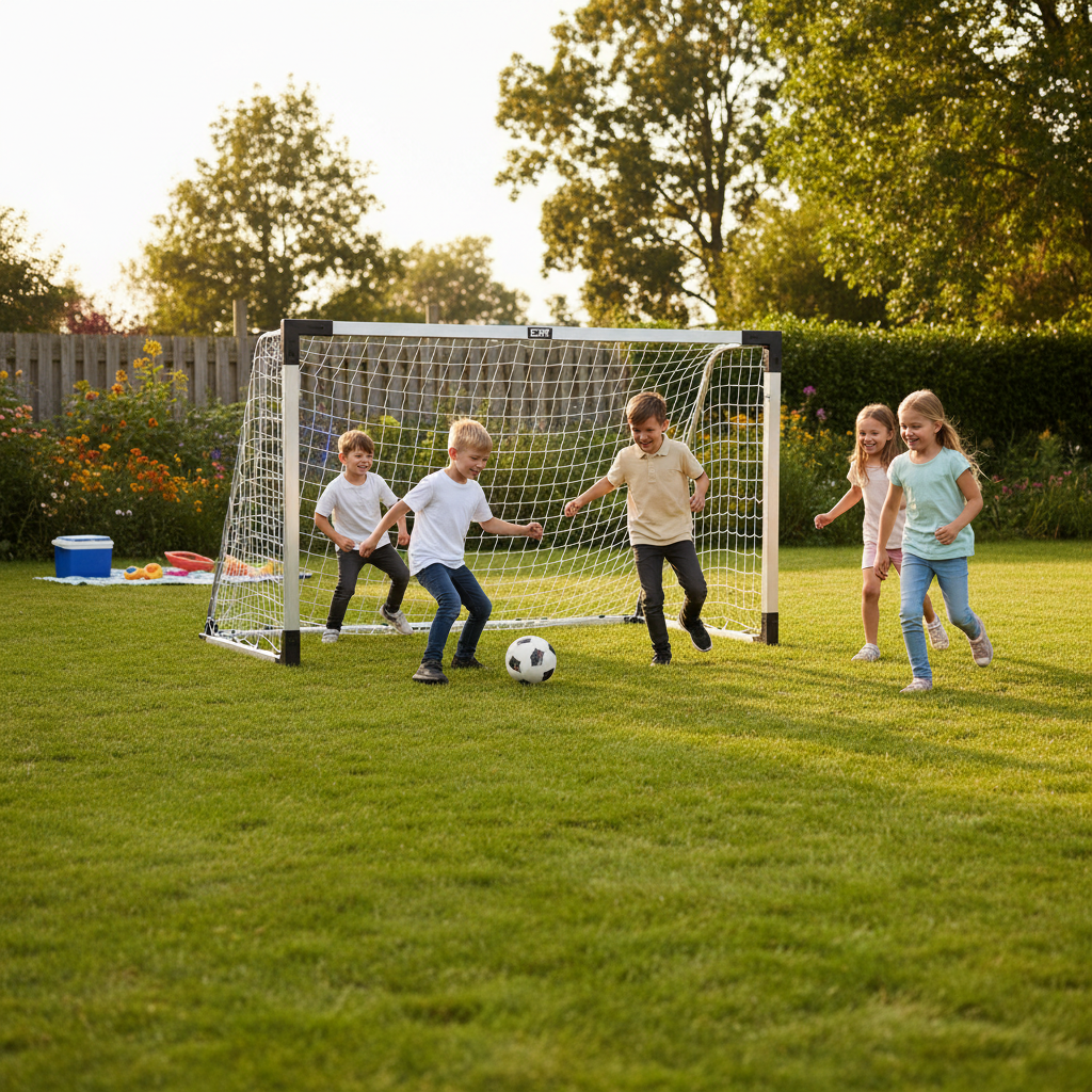 Bambini che giocano a calcio in estate con porta EXIT Scala