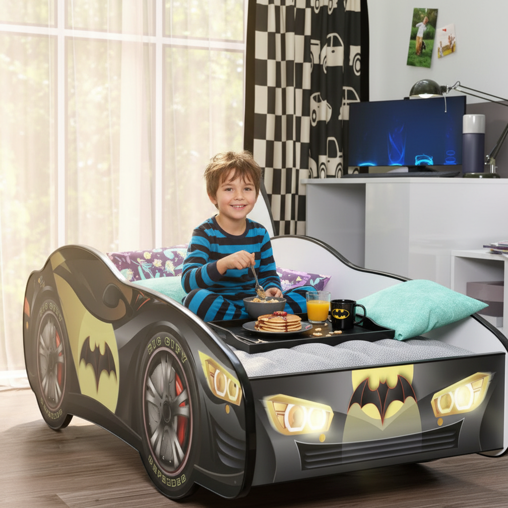 Bambino fa colazione sul letto Batman atmosfera mattutina