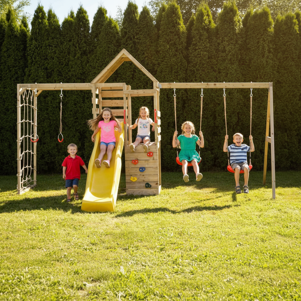Bambini sullo scivolo giallo e altalene - parco giochi completo