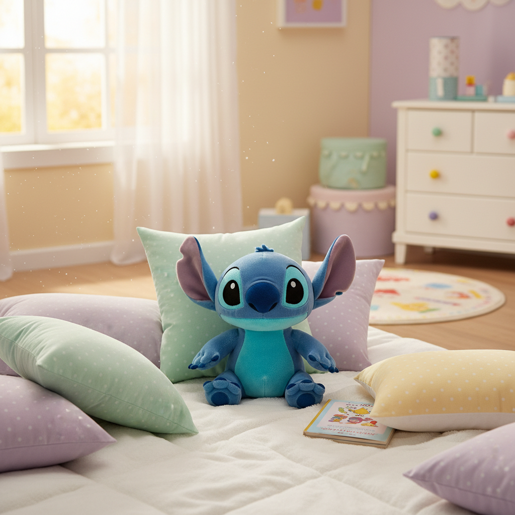 Peluche Stitch 35cm in cameretta con letto e cuscini colorati