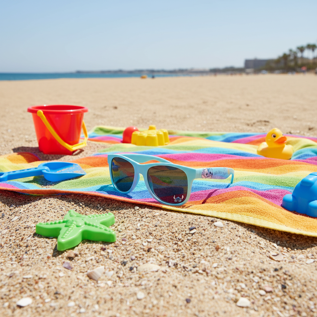 Occhiali Lilo & Stitch su telo mare con giochi estivi
