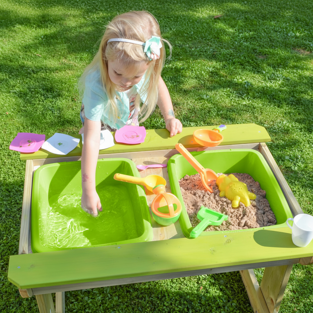 Bambina seduta al tavolo da gioco in legno con panchine