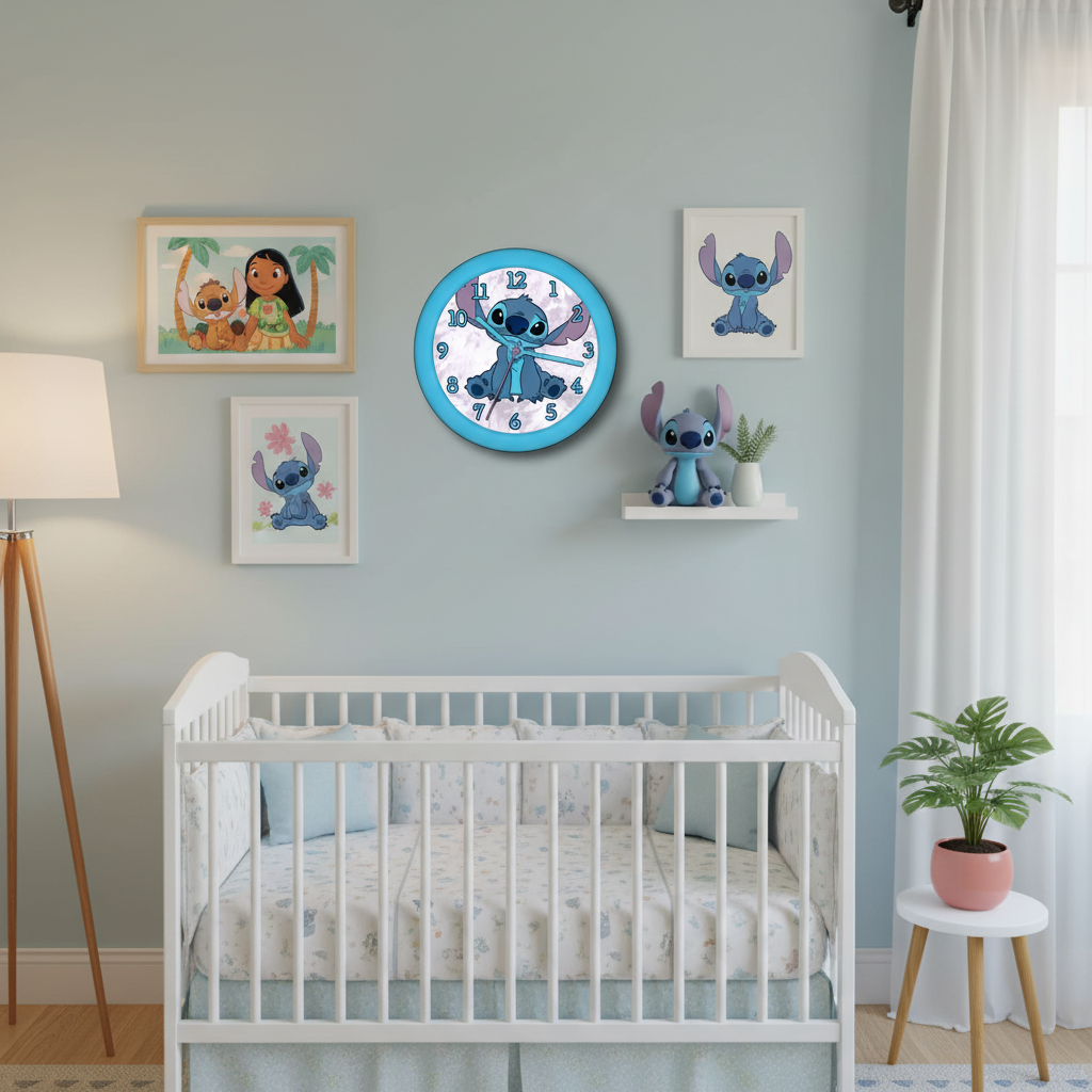 Orologio Stitch in nursery con decorazioni Disney