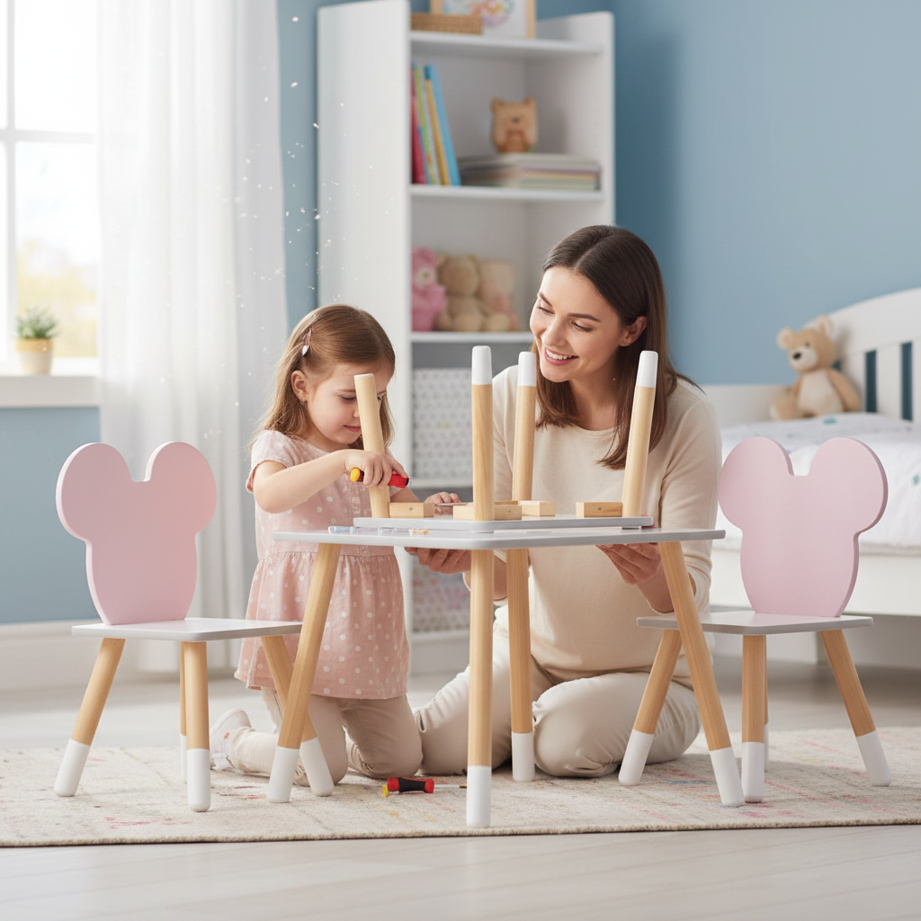 Mamma e bambina montano insieme tavolo Minnie Mouse bianco