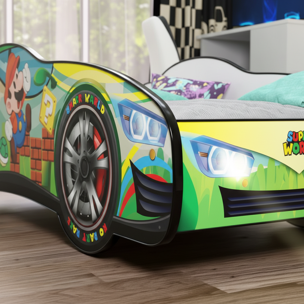 Dettaglio letto auto Super Mario verde ruote racing LED legno faggio