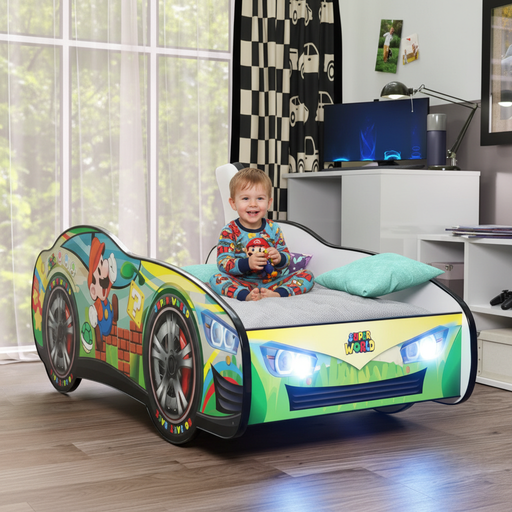 Bambino gioca sul letto auto Super Mario LED accese grafica World