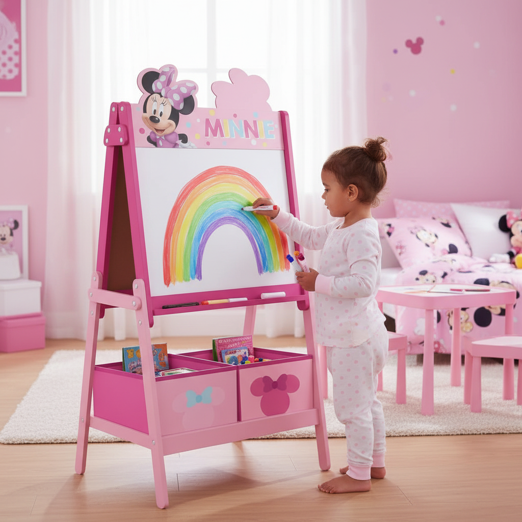 Bambina usa pennarelli sulla lavagna bianca cavalletto Minnie Mouse
