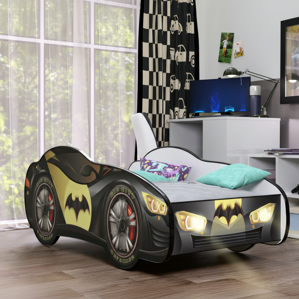 Letto Batman vista laterale con ruote e luci LED