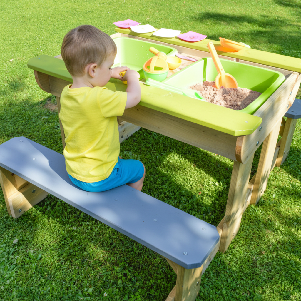Bambina che gioca al tavolo da gioco con vasche verdi