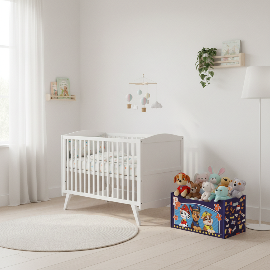 Portagiochi Paw Patrol in cameretta stile scandinavo con culla bianca - lifestyle HD