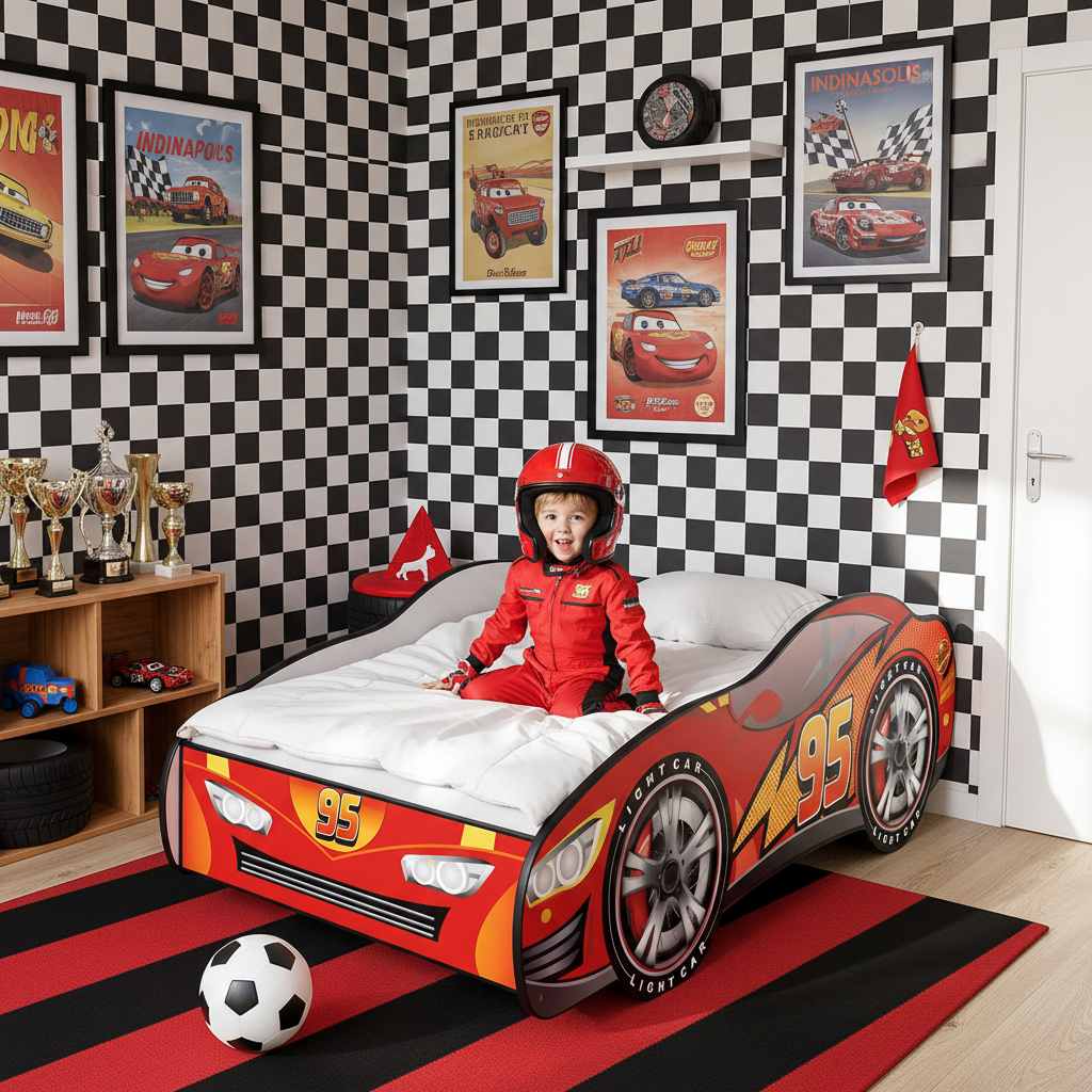 Letto Cars 95 cameretta racing bandiere scacchi trofei poster FULL HD