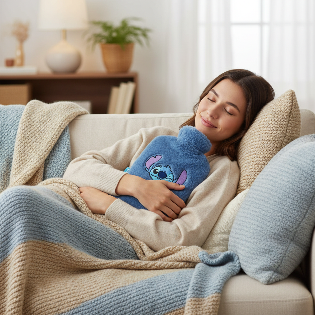 Persona rilassata sul divano con borsa acqua calda Stitch peluche HD